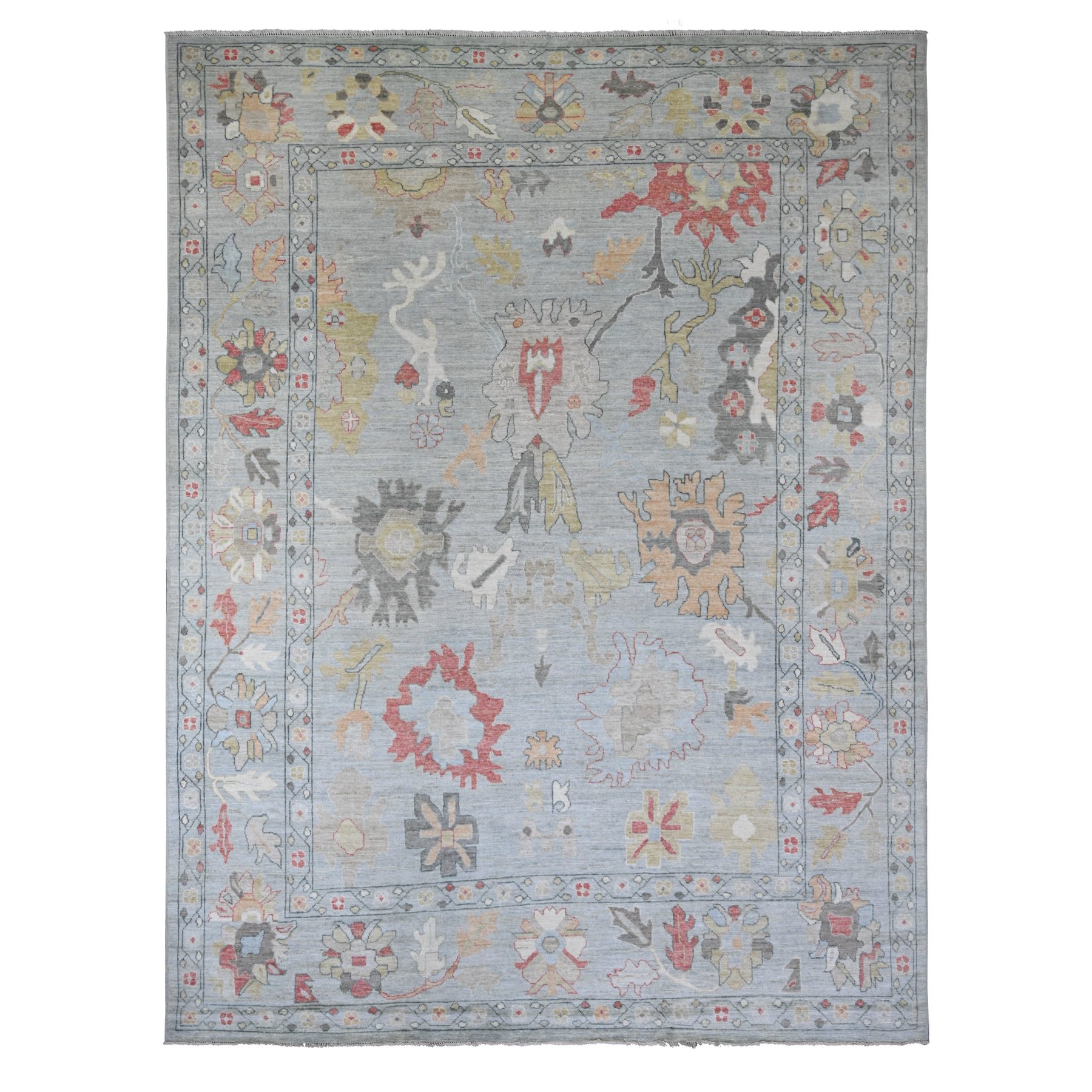 Misty Gray, Afghan Angora Oushak with Large Leaf Design, Hand Knotted, 100% Wool, Vegetable Dyes, Oriental Rug